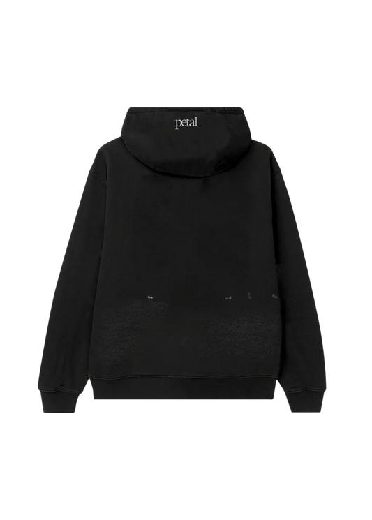 Ariana Grande Bunnies black hoodie with minimalist Petal logo on hood and faded graphic back view