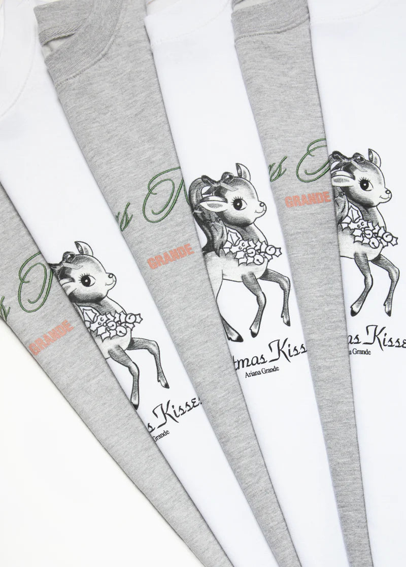 Ariana Grande Christmas Kisses holiday crewneck and matching reindeer graphic apparel lifestyle arrangement