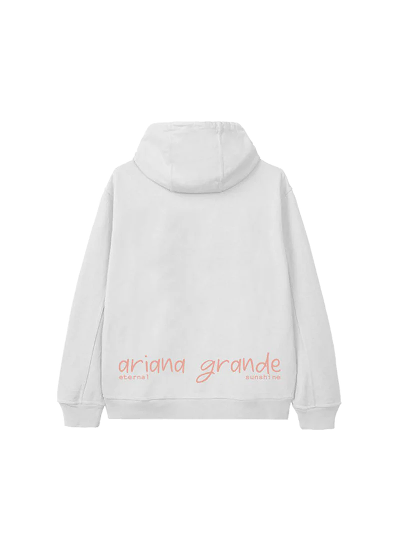 Back view of Ariana Grande eternal sunshine hoodie with soft pink handwritten logo and minimalist design