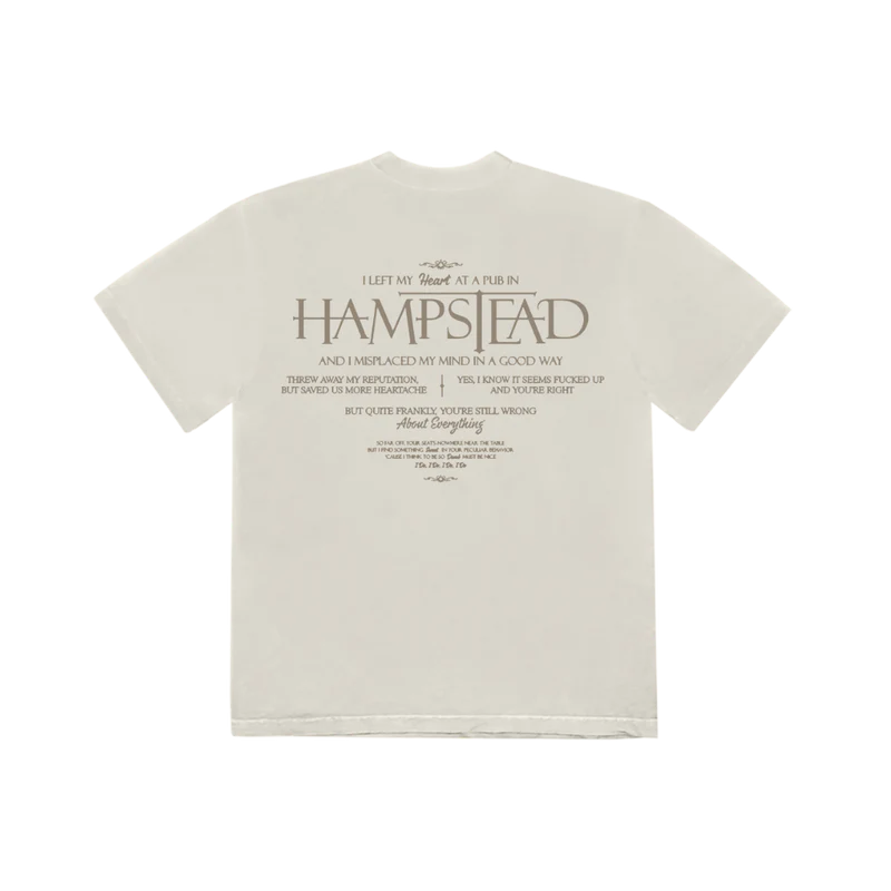 Back view of Ariana Grande Hampstead T-shirt with oversized lyric typography inspired by eternal sunshine deluxe era