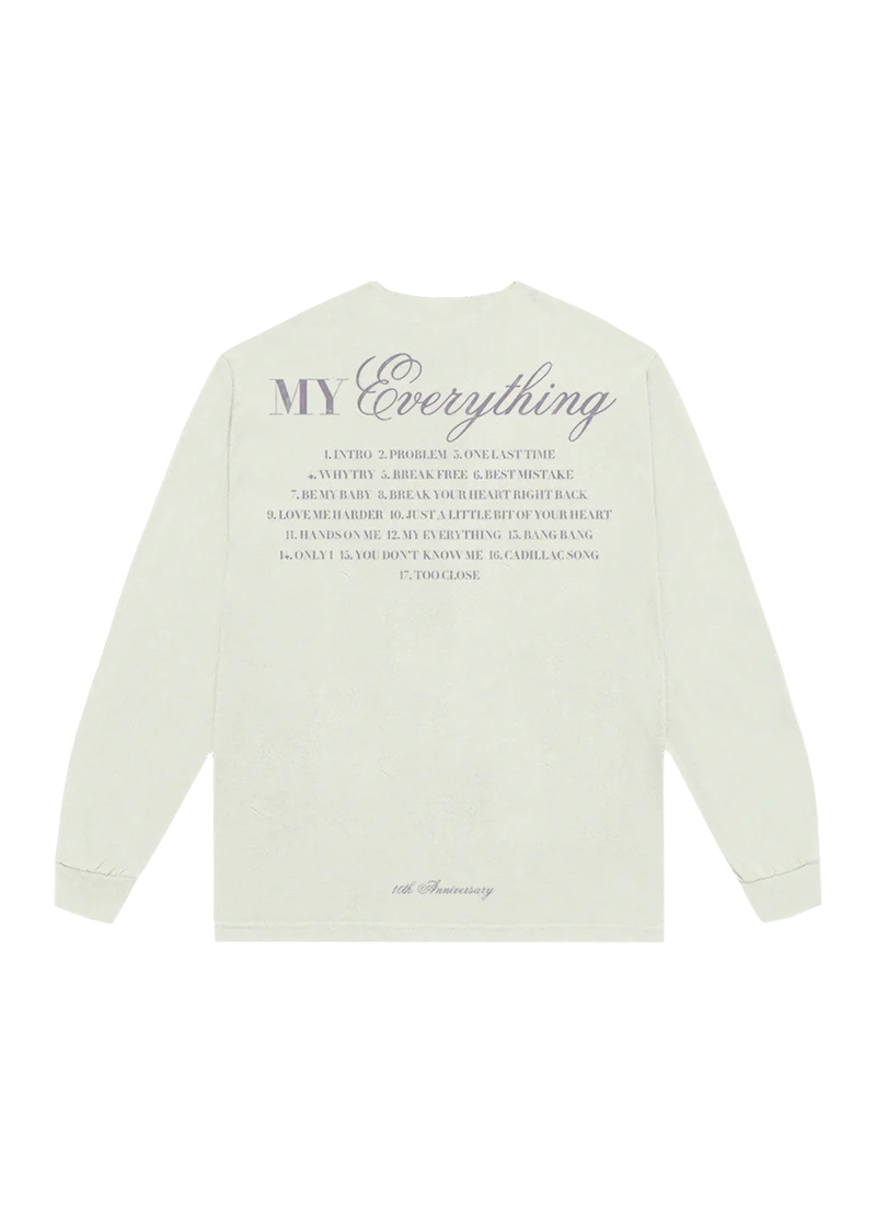 Back view of Ariana Grande My Everything anniversary long sleeve featuring album tracklist and lavender typography