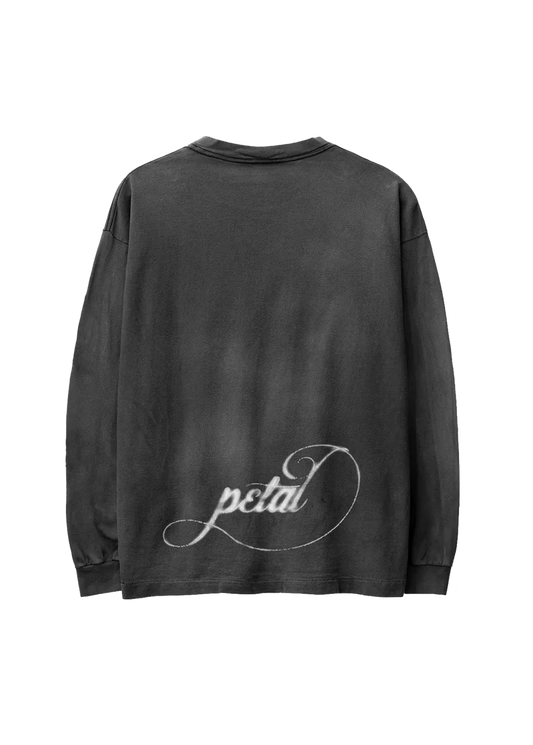 Ariana Grande Petal Blurred Flowers Long Sleeve back view in washed black with white Petal script graphic