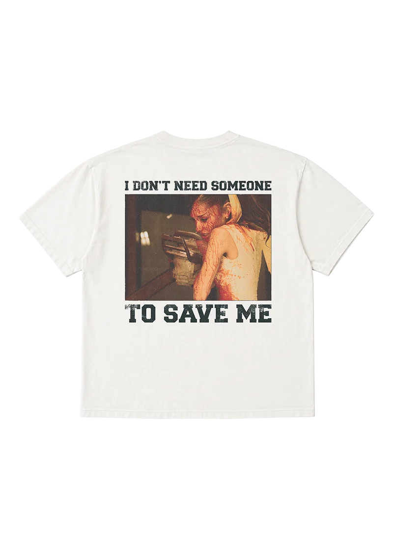 Ariana Grande Petal Core White T-Shirt back view with Ariana Grande photo and I Don’t Need Someone to Save Me text graphic