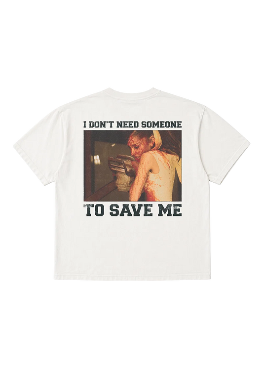 Ariana Grande Petal Core White T-Shirt back view with Ariana Grande photo and I Don’t Need Someone to Save Me text graphic