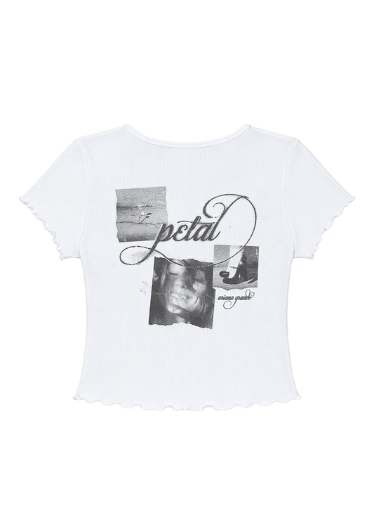 Ariana Grande Petal Ripped Photo Baby Tee back view with Petal script, ripped photo collage graphics, and Ariana Grande text