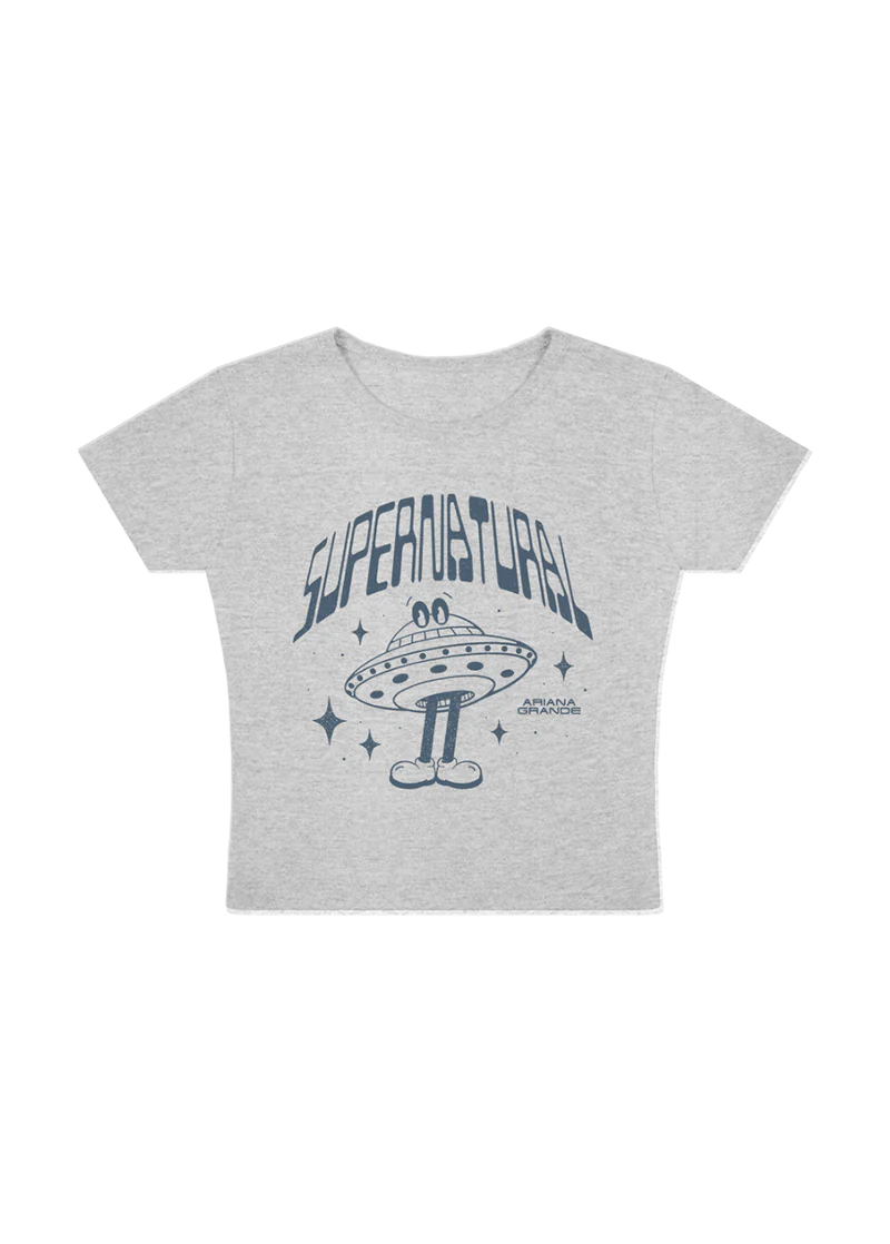 Ariana Grande supernatural grey baby t-shirt featuring retro UFO graphic and cosmic inspired artwork front view