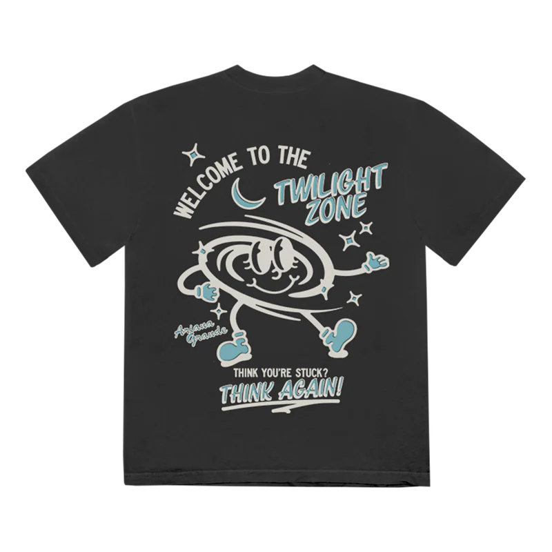 Back graphic Ariana Grande Twilight Zone T-shirt featuring cartoon spiral design with retro blue and white artwork and slogan print