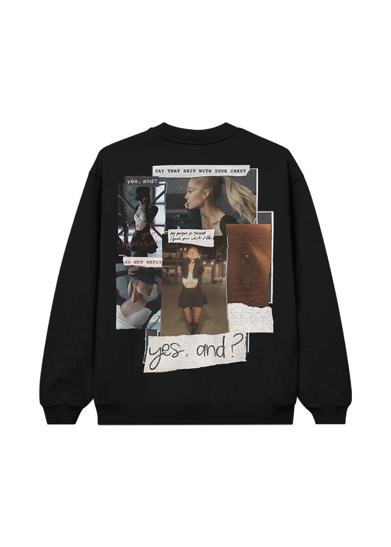 Back view of Ariana Grande yes and crewneck featuring yes and collage graphic with vintage photo and lyric-inspired design
