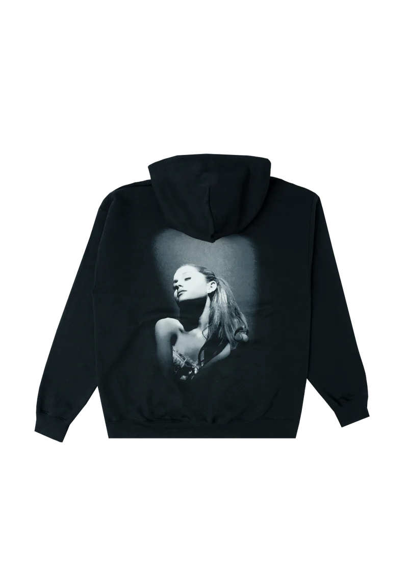 Back view of Ariana Grande Yours Truly hoodie featuring iconic black and white album cover artwork