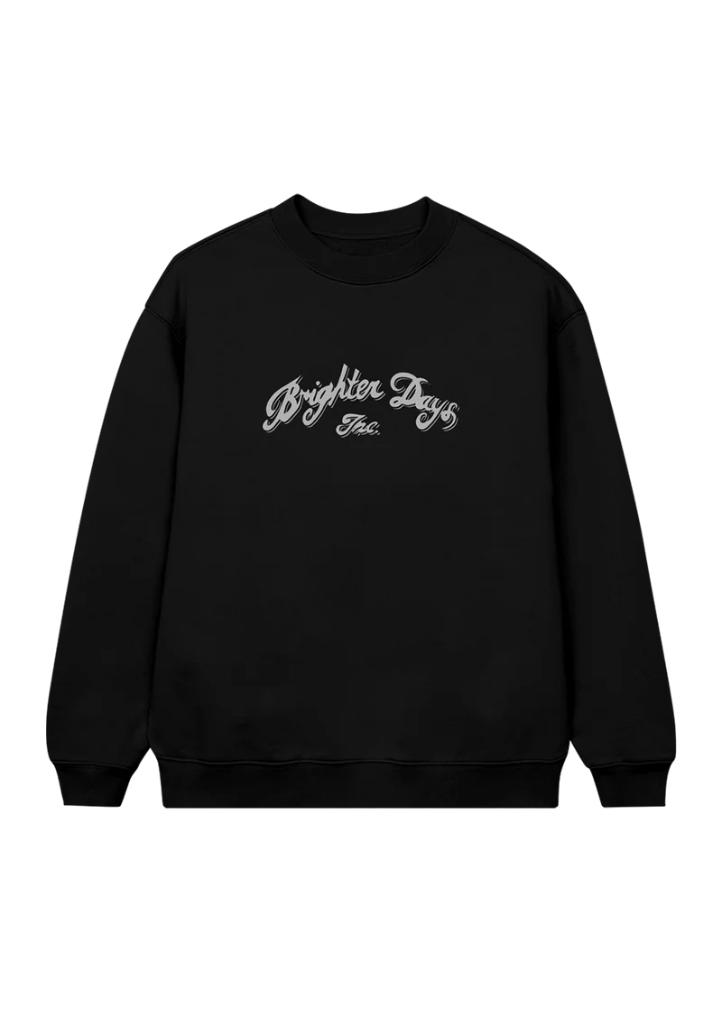 Black Ariana Grande Brighter Days Storefront crewneck with white script logo graphic front view