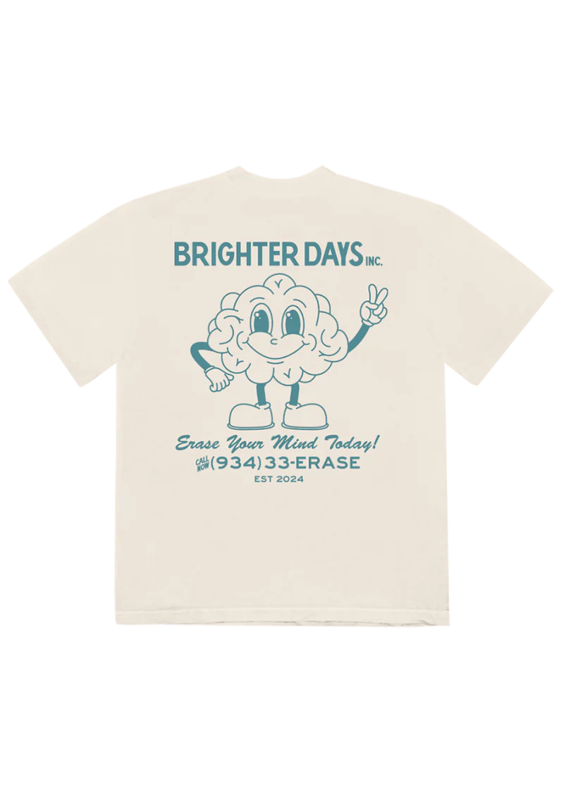Cream Brighter Days Inc t-shirt with cartoon brain graphic and 934-33-ERASE retro print back view