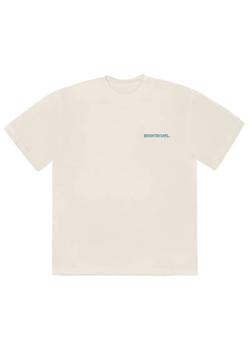 Cream Brighter Days Inc t-shirt with minimalist blue logo print front view