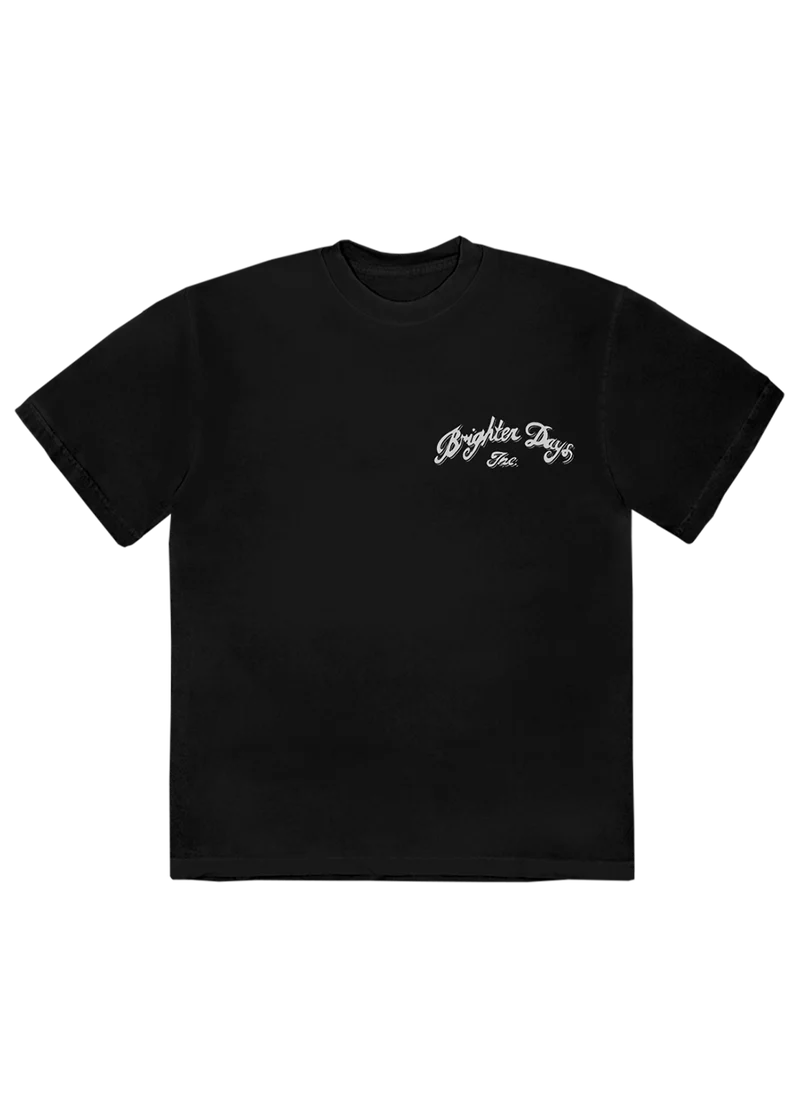 Black Ariana Grande Brighter Days t-shirt with minimalist white script logo and vintage-inspired eternal sunshine aesthetic