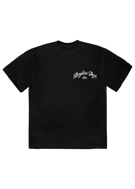 Black Ariana Grande Brighter Days t-shirt with minimalist white script logo and vintage-inspired eternal sunshine aesthetic