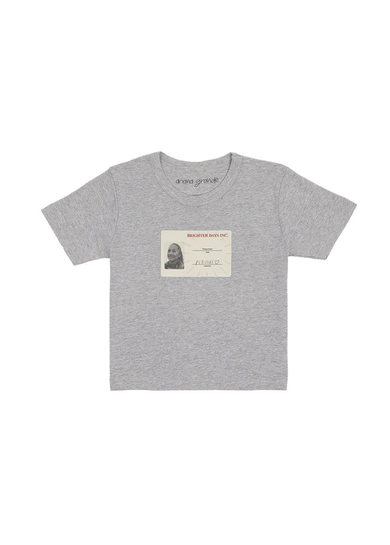 Ariana Grande Brighter Days cropped grey t-shirt featuring vintage ID badge graphic and baby tee silhouette front view