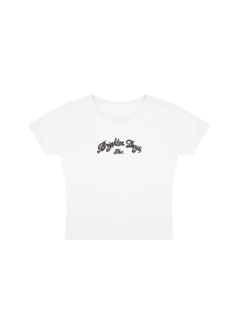 White Ariana Grande Brighter Days holiday baby T-shirt front view with minimalist soft glam logo graphic