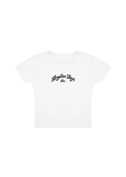 White Ariana Grande Brighter Days holiday baby T-shirt front view with minimalist soft glam logo graphic