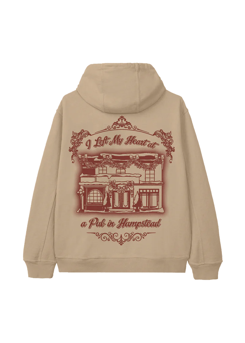 Sand Ariana Grande Brighter Days holiday hoodie back view with vintage Hampstead pub illustration graphic