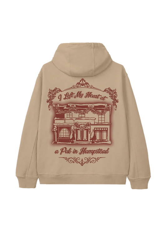 Sand Ariana Grande Brighter Days holiday hoodie back view with vintage Hampstead pub illustration graphic