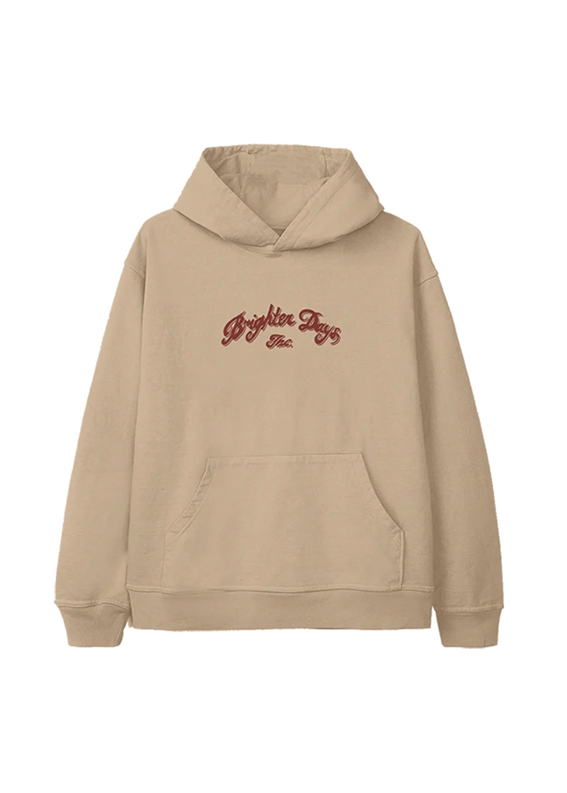 Sand Ariana Grande Brighter Days holiday hoodie front view with minimalist festive logo embroidery