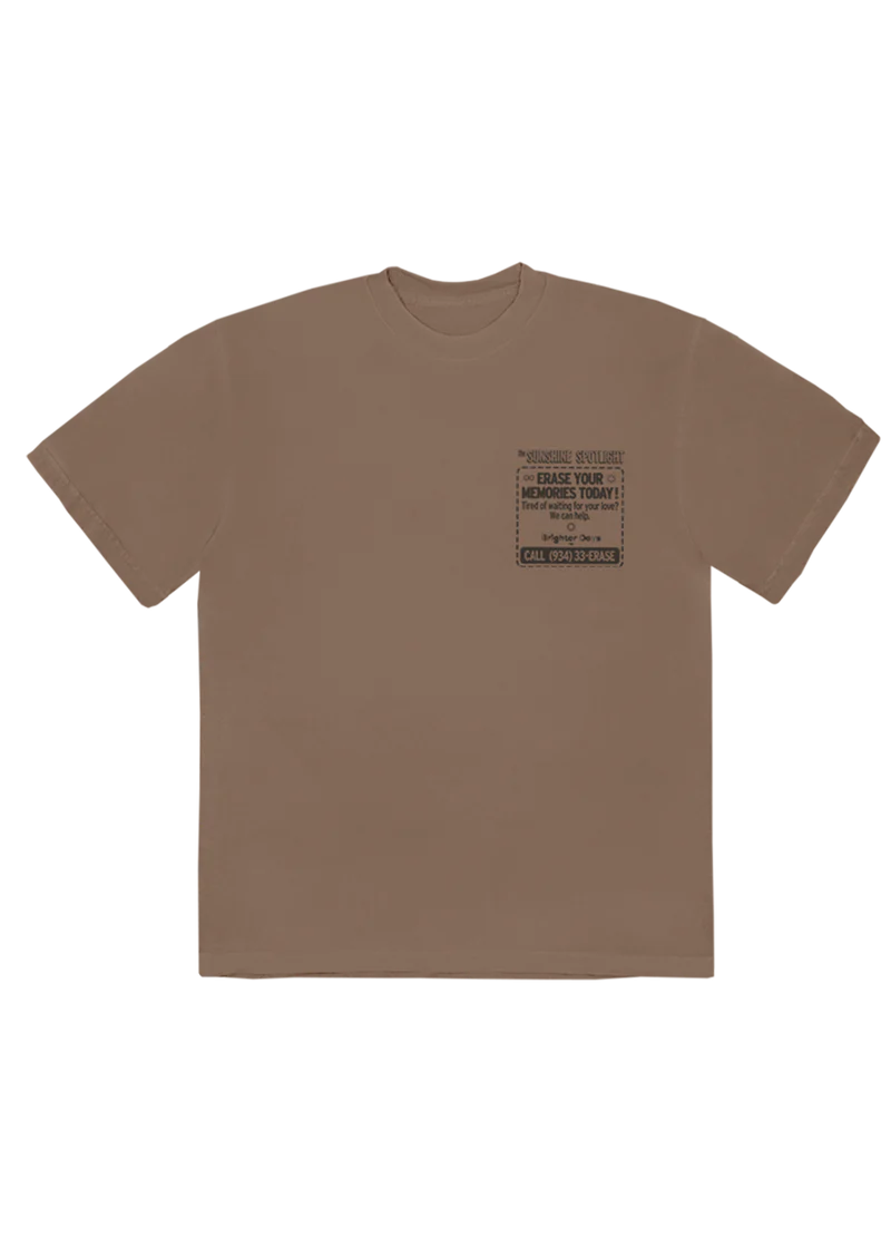 Beige Ariana Grande Brighter Days newspaper T-shirt front view with minimalist Sunshine Society chest graphic