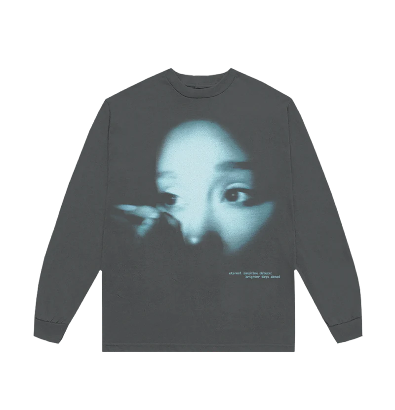 Dark gray Ariana Grande Brighter Days Spotlight long sleeve t-shirt with blurred portrait graphic and eternal sunshine deluxe text