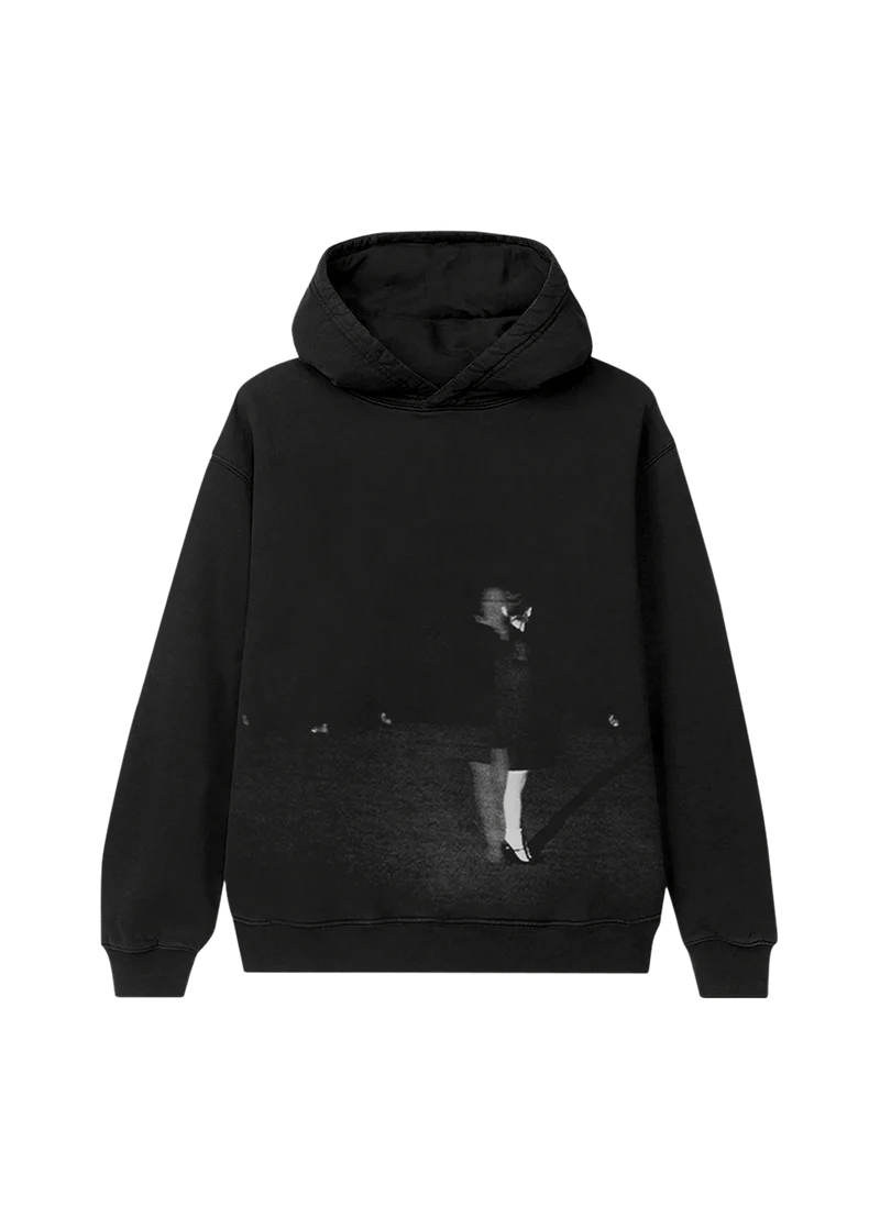Ariana Grande Bunnies black hoodie featuring moody monochrome portrait artwork and oversized streetwear fit front