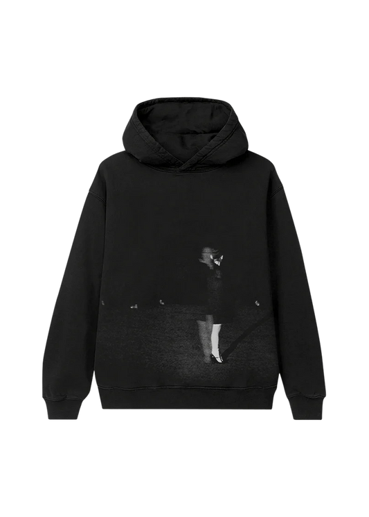 Ariana Grande Bunnies black hoodie featuring moody monochrome portrait artwork and oversized streetwear fit front