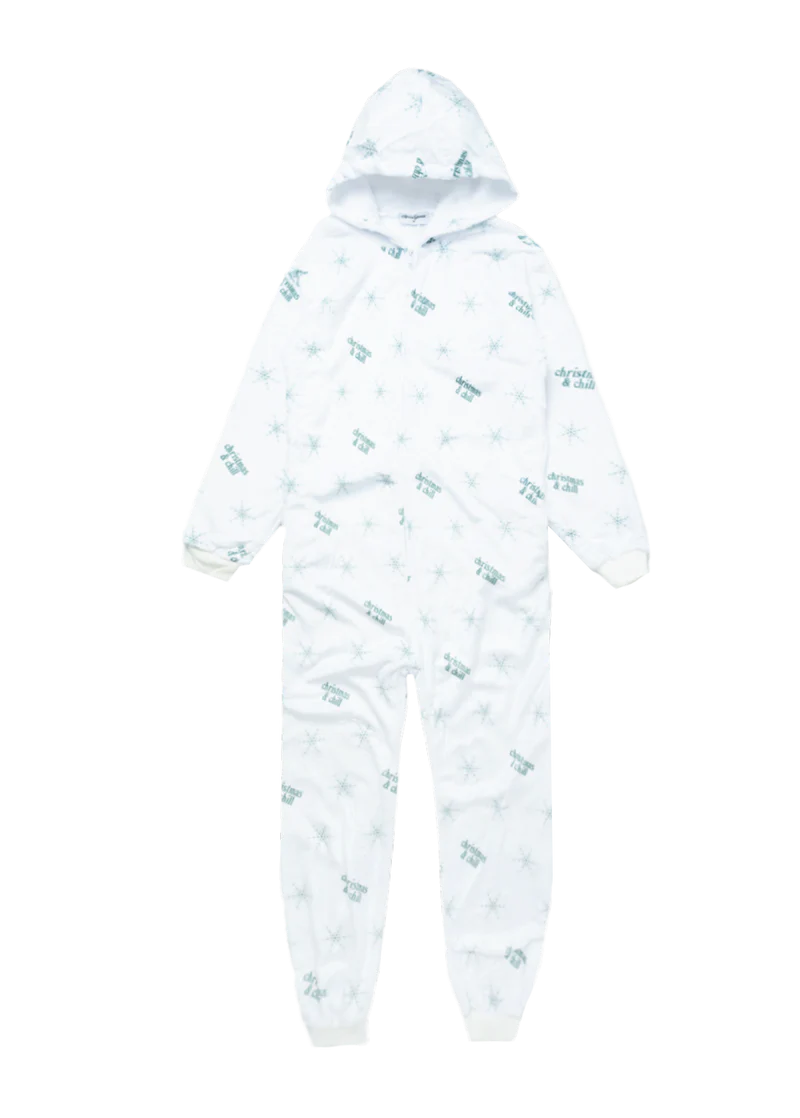 White Ariana Grande Christmas and Chill fleece onesie with teal snowflake graphics and cozy holiday design