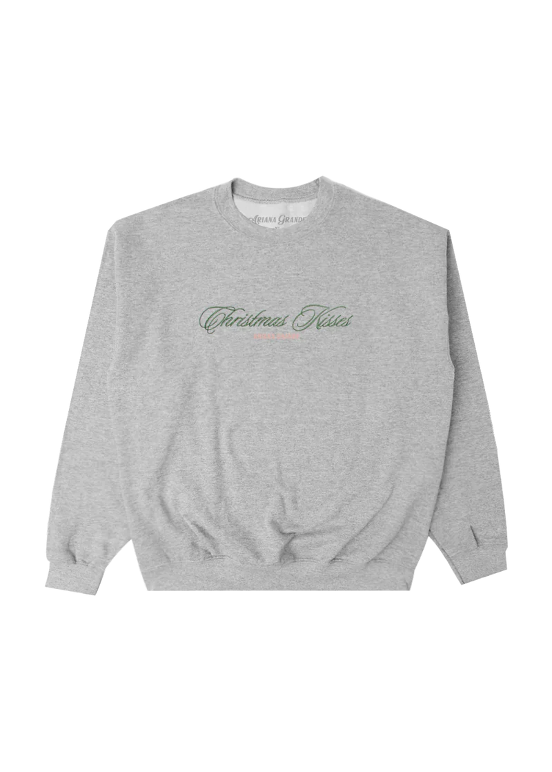 Ariana Grande Christmas Kisses grey crewneck sweatshirt with festive embroidered script logo front view