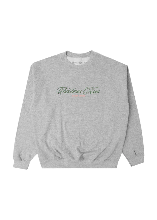 Ariana Grande Christmas Kisses grey crewneck sweatshirt with festive embroidered script logo front view