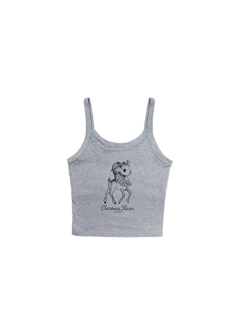 Grey Ariana Grande Christmas Kisses cropped tank top with vintage deer graphic and soft holiday-inspired design