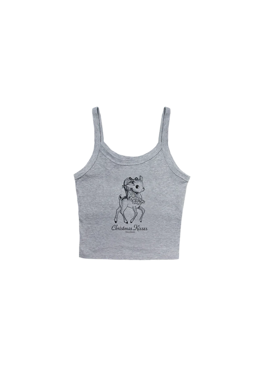 Grey Ariana Grande Christmas Kisses cropped tank top with vintage deer graphic and soft holiday-inspired design