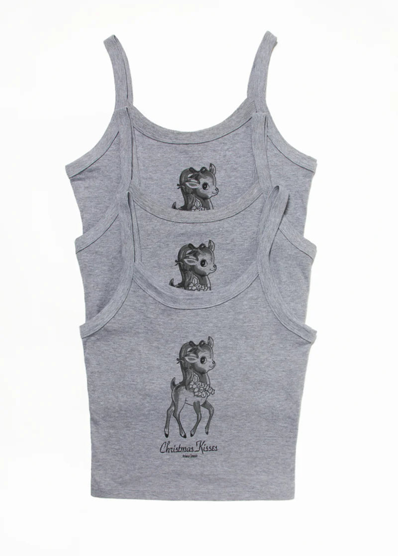 Stacked Ariana Grande Christmas Kisses cropped tank tops in grey with vintage deer graphic and festive aesthetic