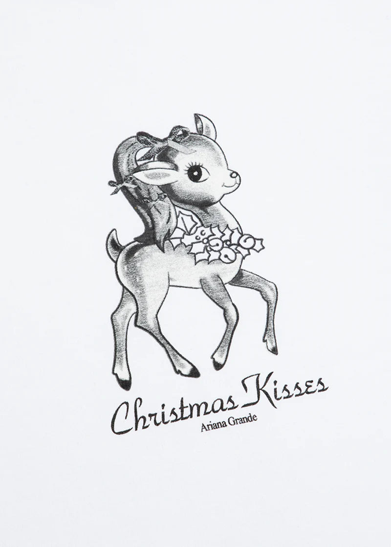 Ariana Grande Christmas Kisses crewneck close-up featuring retro reindeer illustration and festive logo detail