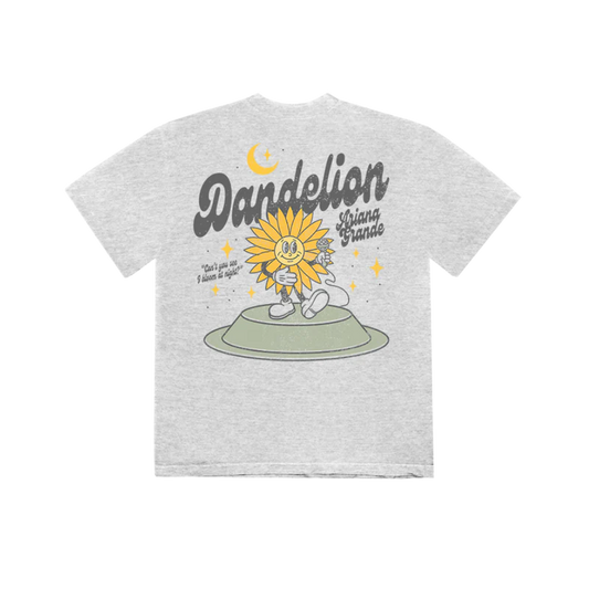 Grey Ariana Grande Dandelion t-shirt with retro sunflower character graphic and dreamy vintage-inspired artwork