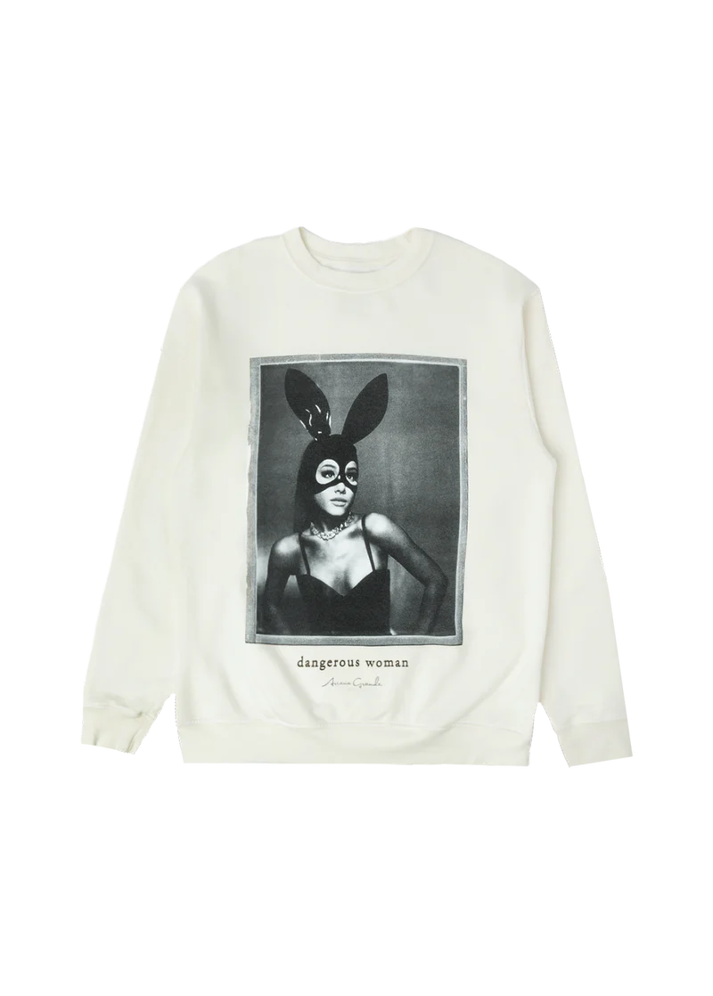 Cream Ariana Grande Dangerous Woman crewneck front view with iconic black and white album cover graphic