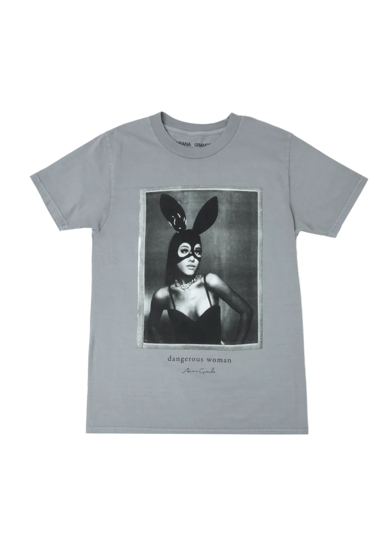 Gray Ariana Grande Dangerous Woman T-shirt featuring iconic black and white bunny mask portrait graphic with relaxed vintage fit