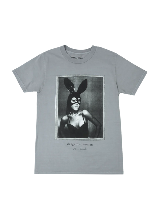 Gray Ariana Grande Dangerous Woman T-shirt featuring iconic black and white bunny mask portrait graphic with relaxed vintage fit