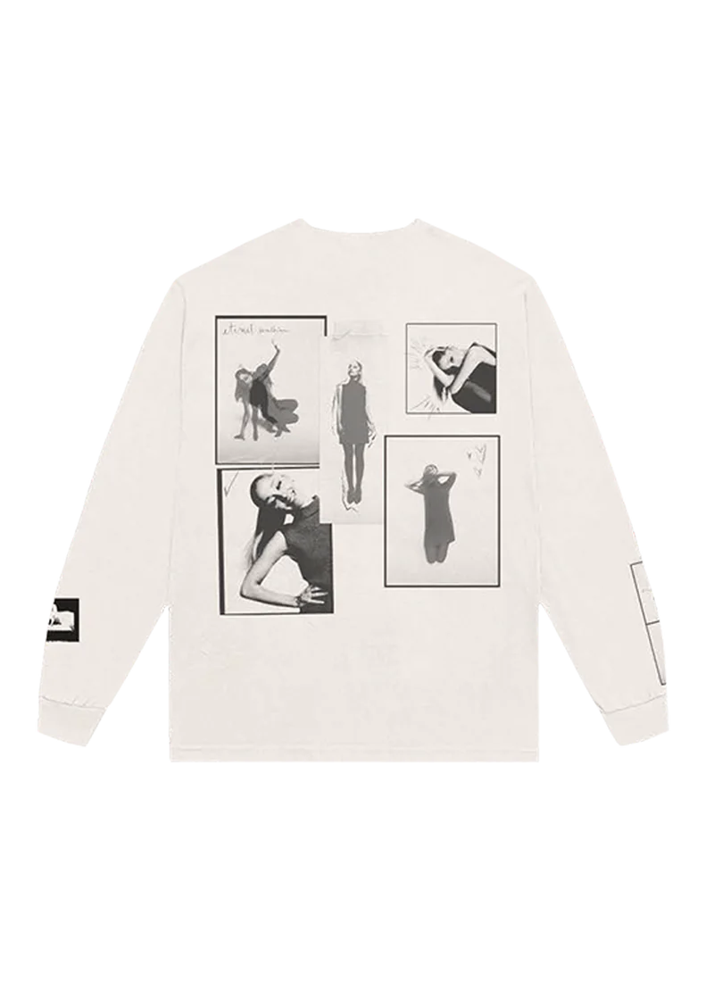 Back view of Ariana Grande eternal sunshine longsleeve featuring monochrome photo collage artwork and sleeve details