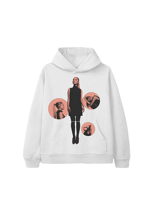 White Ariana Grande eternal sunshine hoodie front view with dreamy pink bubble portrait collage graphic