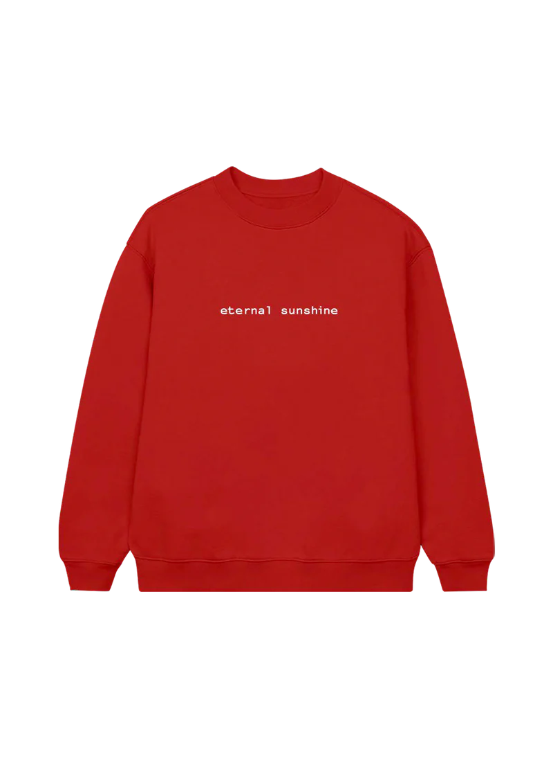 Red Ariana Grande eternal sunshine crewneck with minimalist white logo embroidery and clean album-inspired aesthetic