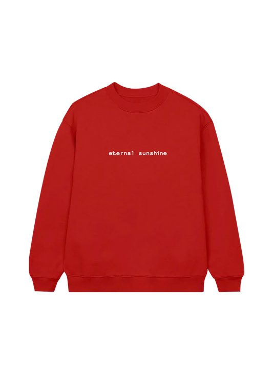 Red Ariana Grande eternal sunshine crewneck with minimalist white logo embroidery and clean album-inspired aesthetic