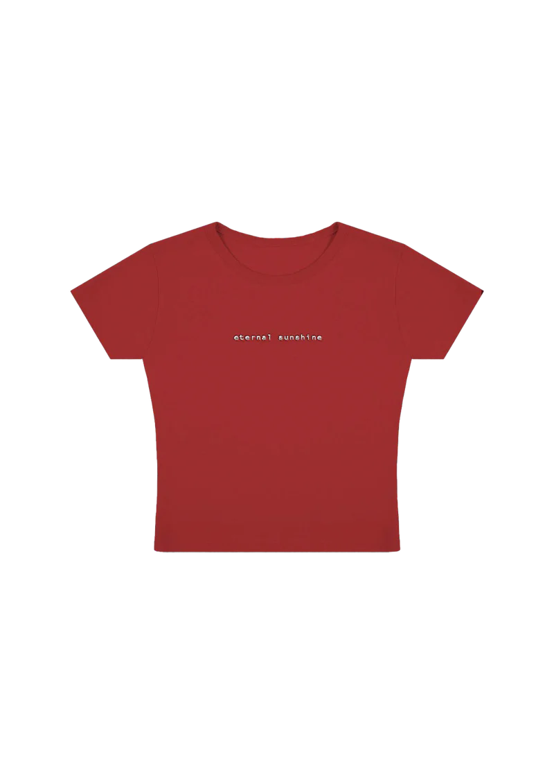 Red Ariana Grande eternal sunshine cropped t-shirt with minimalist white logo embroidery and sleek album-inspired aesthetic