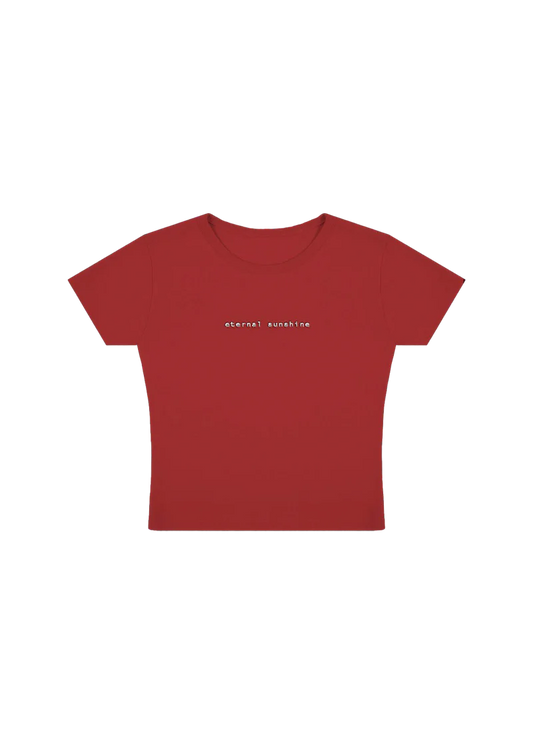 Red Ariana Grande eternal sunshine cropped t-shirt with minimalist white logo embroidery and sleek album-inspired aesthetic