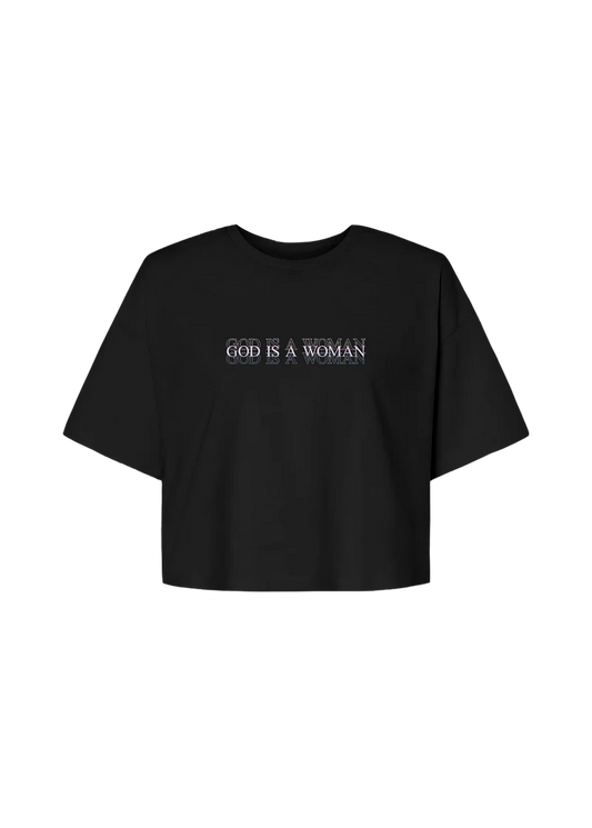 Black Ariana Grande God Is A Woman cropped T-shirt with minimalist layered text graphic and relaxed modern fit