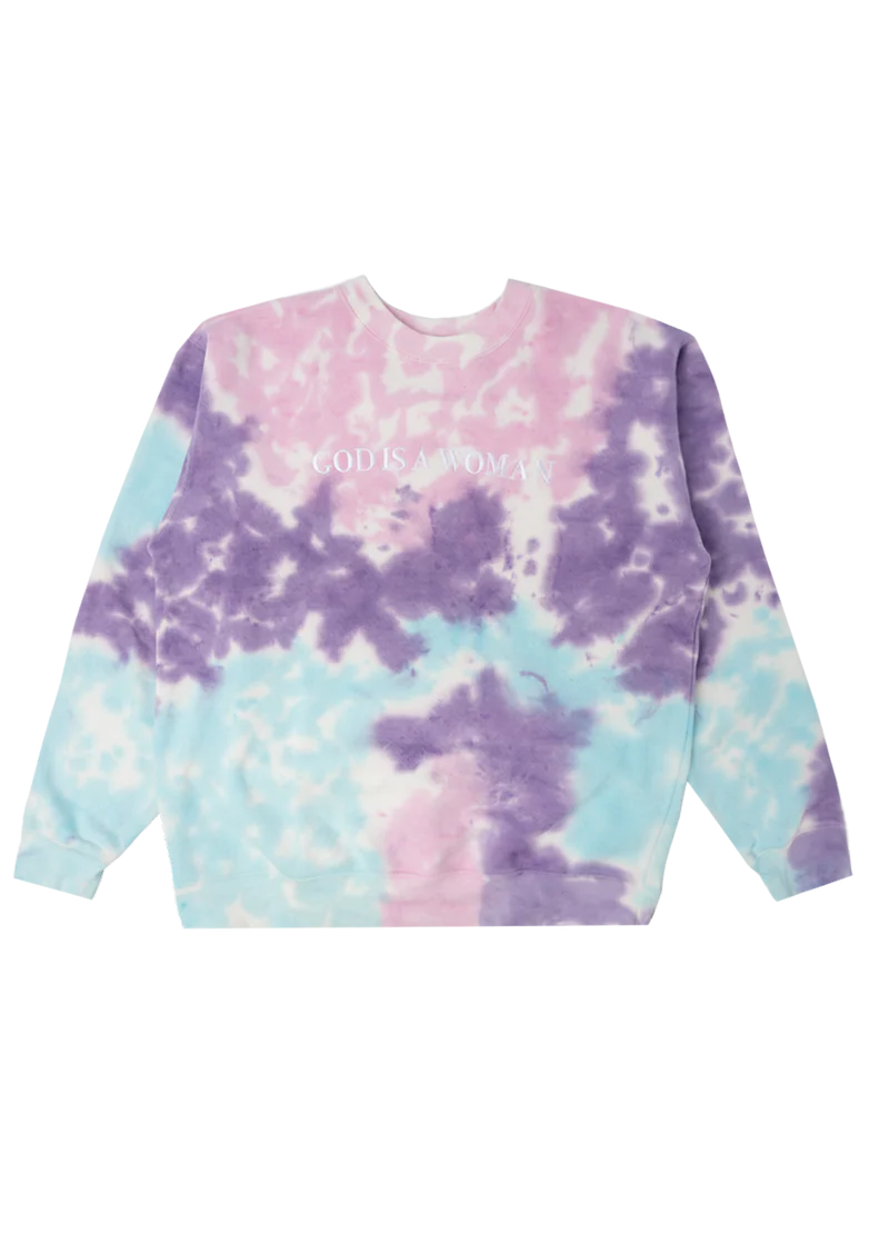 Pastel tie-dye Ariana Grande God Is a Woman crewneck with embroidered white logo and dreamy Sweetener aesthetic