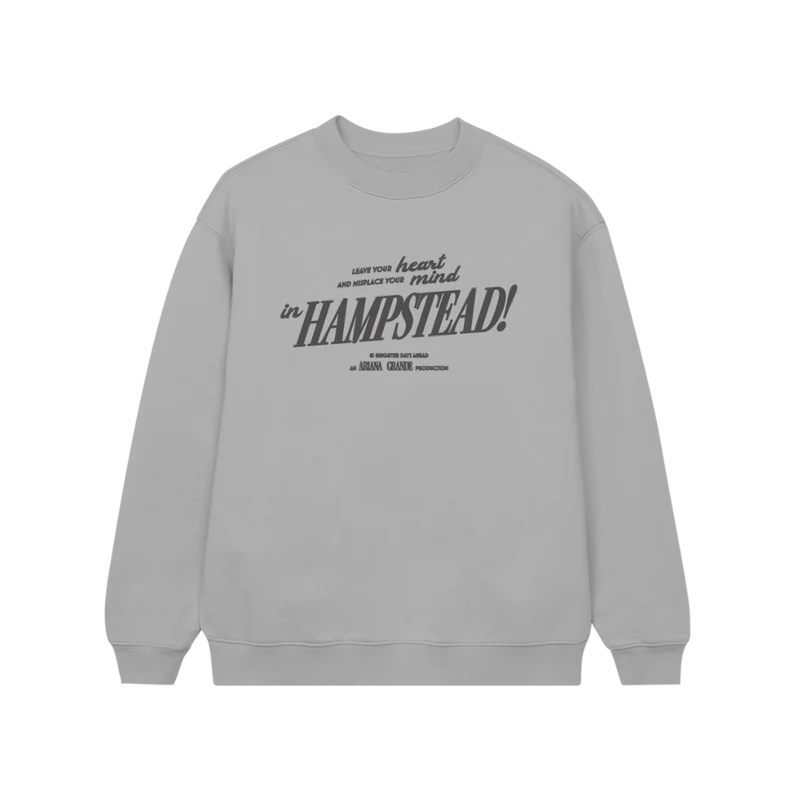 Grey Ariana Grande Hampstead crewneck with vintage-inspired typography graphic and minimalist soft glam aesthetic
