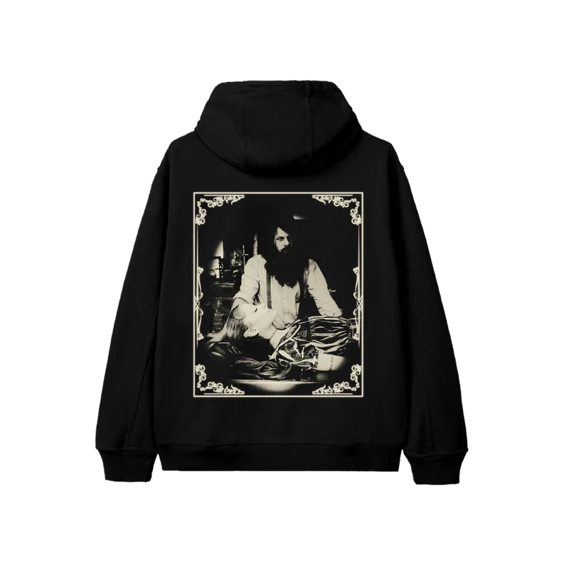 Back view of Ariana Grande Hampstead hoodie with vintage monochrome portrait artwork and ornate frame graphic