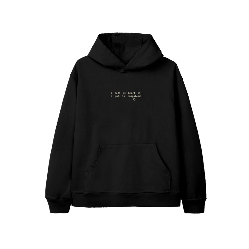 Black Ariana Grande Hampstead hoodie front view with minimalist lyric text inspired by eternal sunshine era